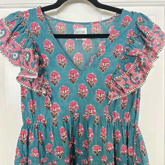 Saylor Malin Blue Floral Print Flutter Sleeve Mini Dress Size Small - Picture 4 of 5